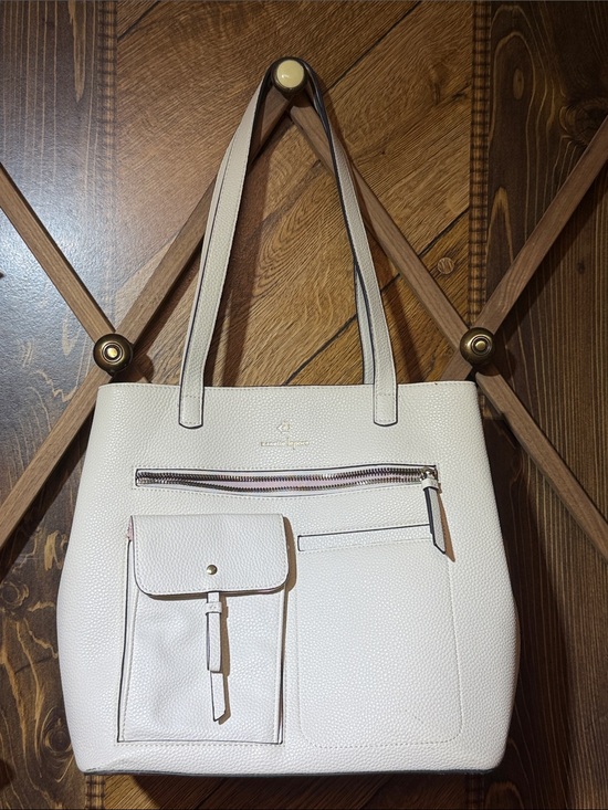 Nanette Lepore Handbags - Nanette Lepore Ivory Pebbled Faux Leather Tote with Front Pockets